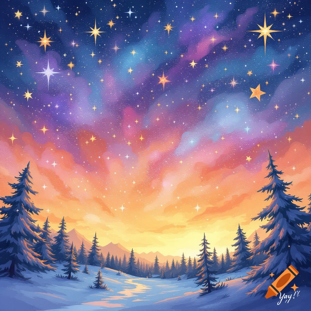 A snowy forest landscape under a vibrant starry sky with colorful clouds.