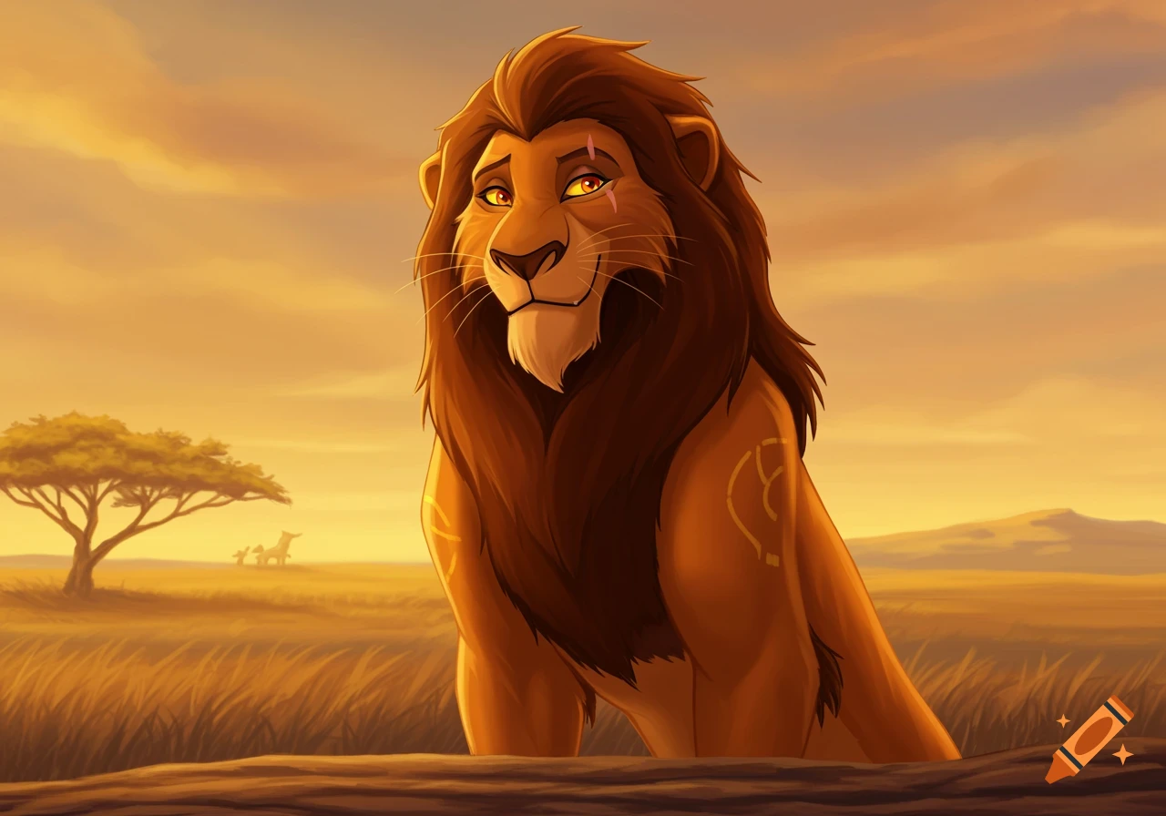 Heroic lion in animated style against a savanna sunset.