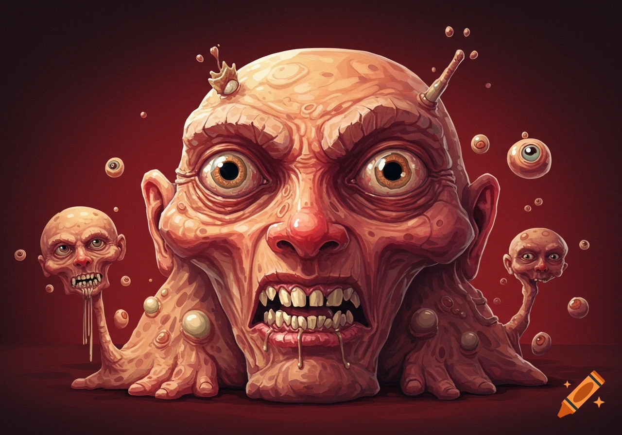 A grotesque, monstrous creature head with many eyes, dripping mouth, and tentacle-like limbs.