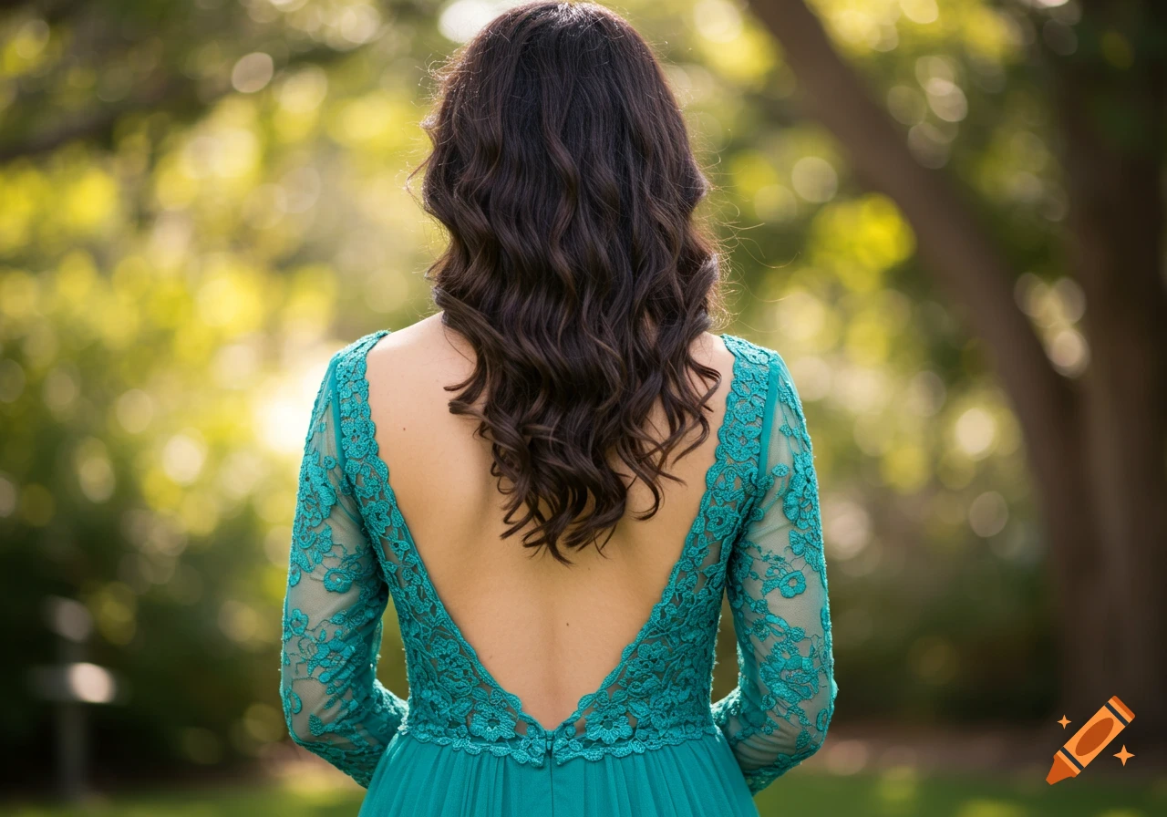 Back view of a woman in a deep green dress with lace detail, standing outdoors.