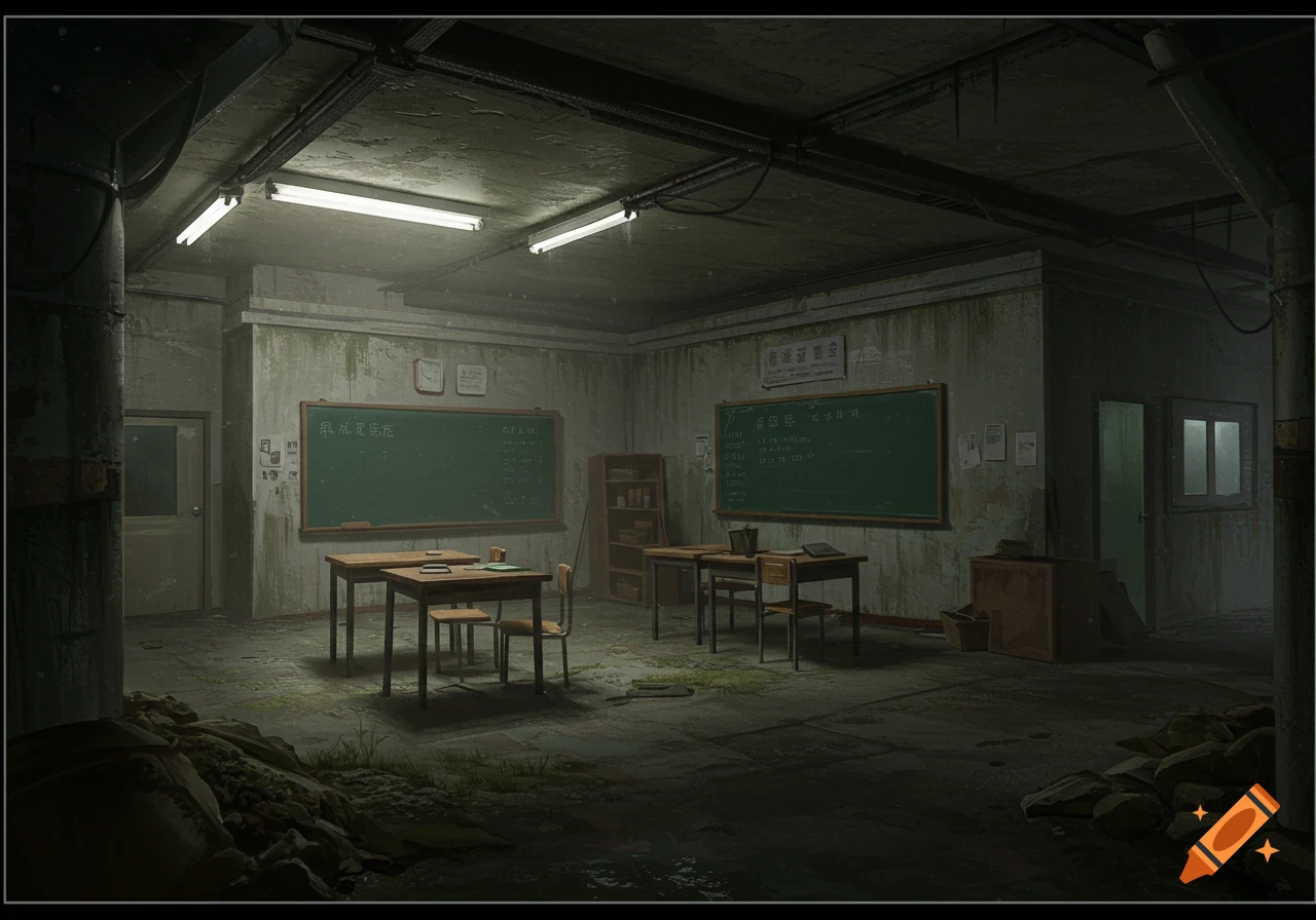 Empty, dingy classroom in an underground bunker.