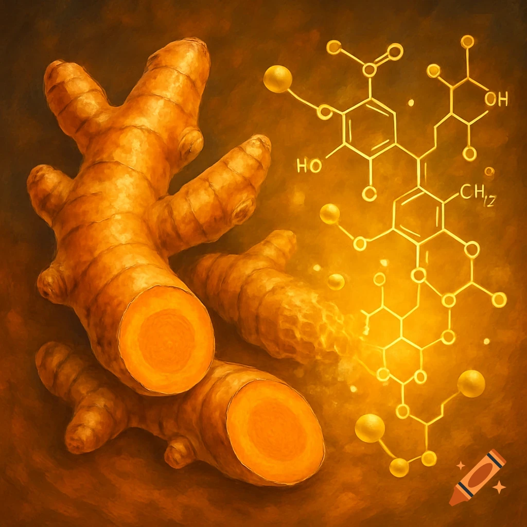 Illustration of turmeric roots transitioning into a molecular chemical structure.