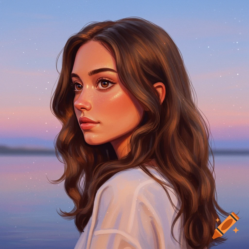 A young woman with brown hair looks left at a sunset over water.