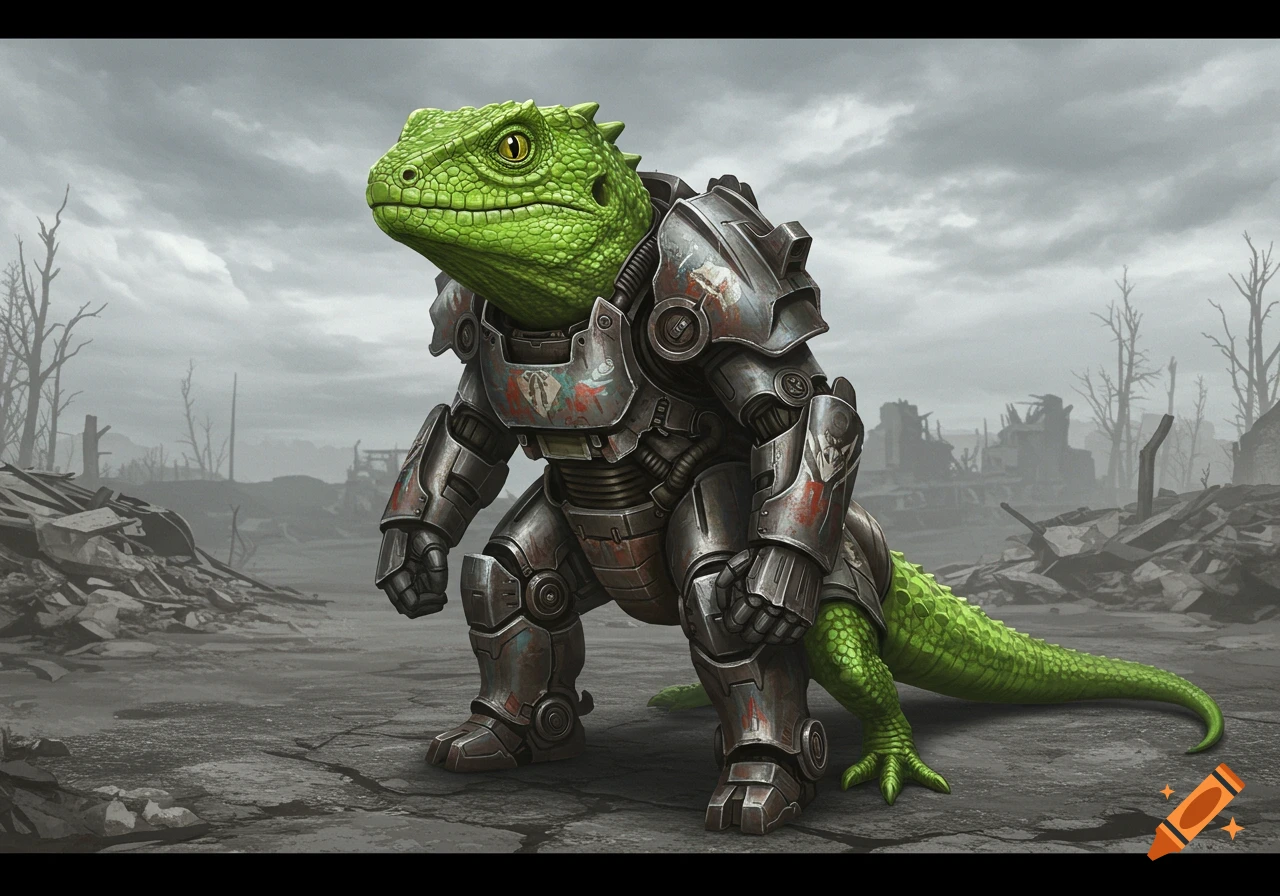 A green lizard wearing power armor stands in a ruined wasteland