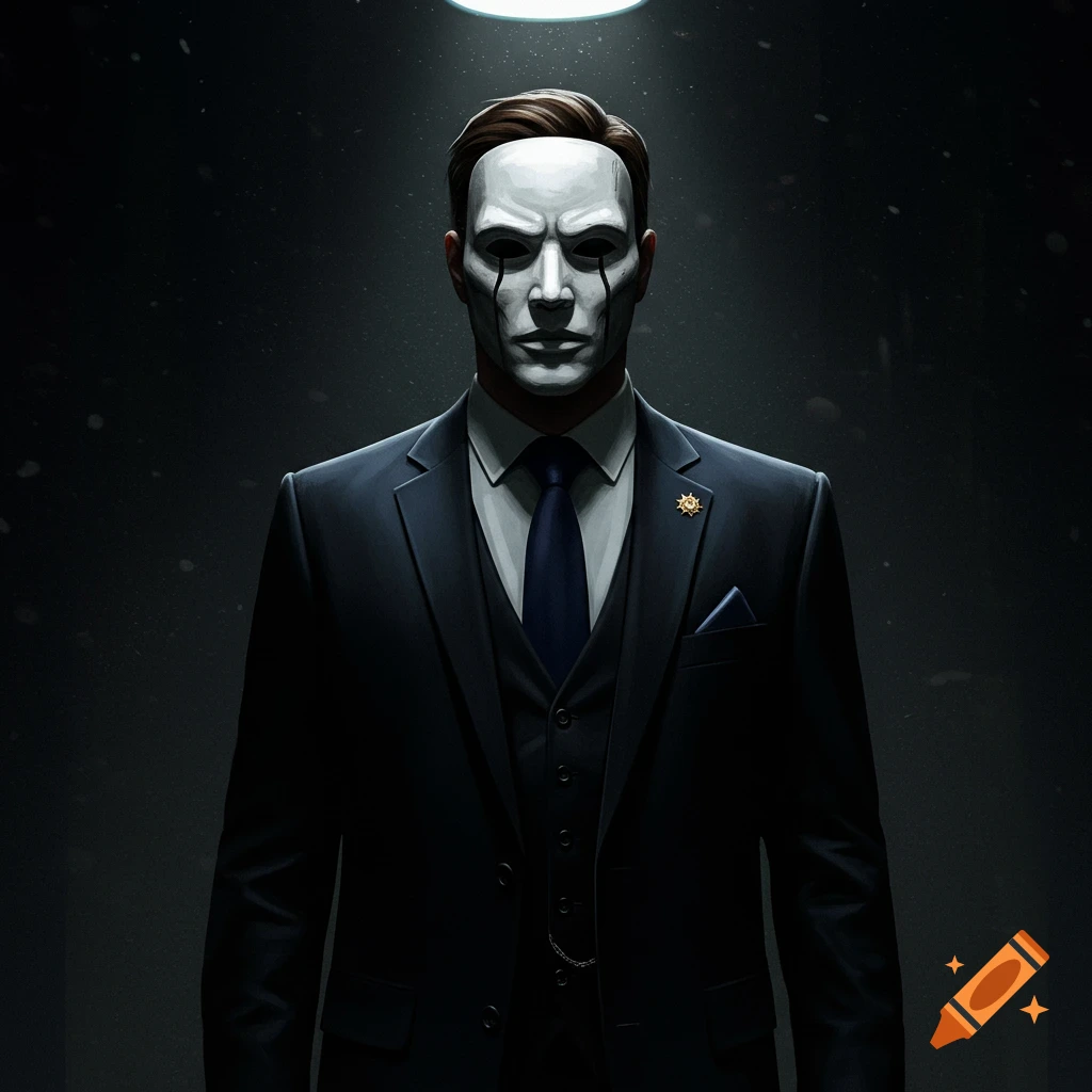 Painting of a man in a dark suit and tie wearing a stark white mask with black tear marks.