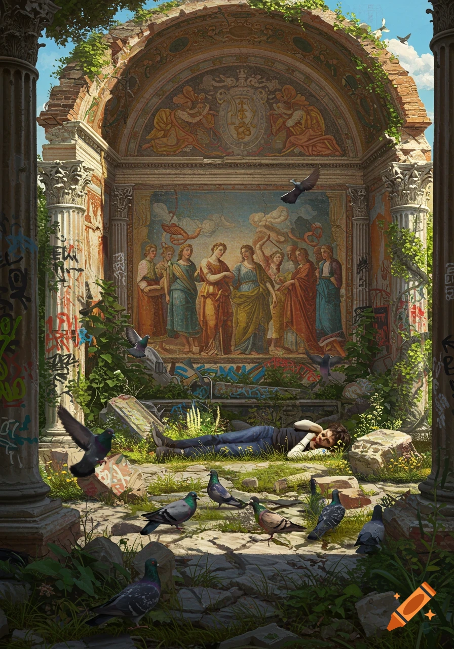 A person is sleeping in ancient ruins that are overgrown with plants. The scene includes a classical mural, pigeons, and graffiti.
