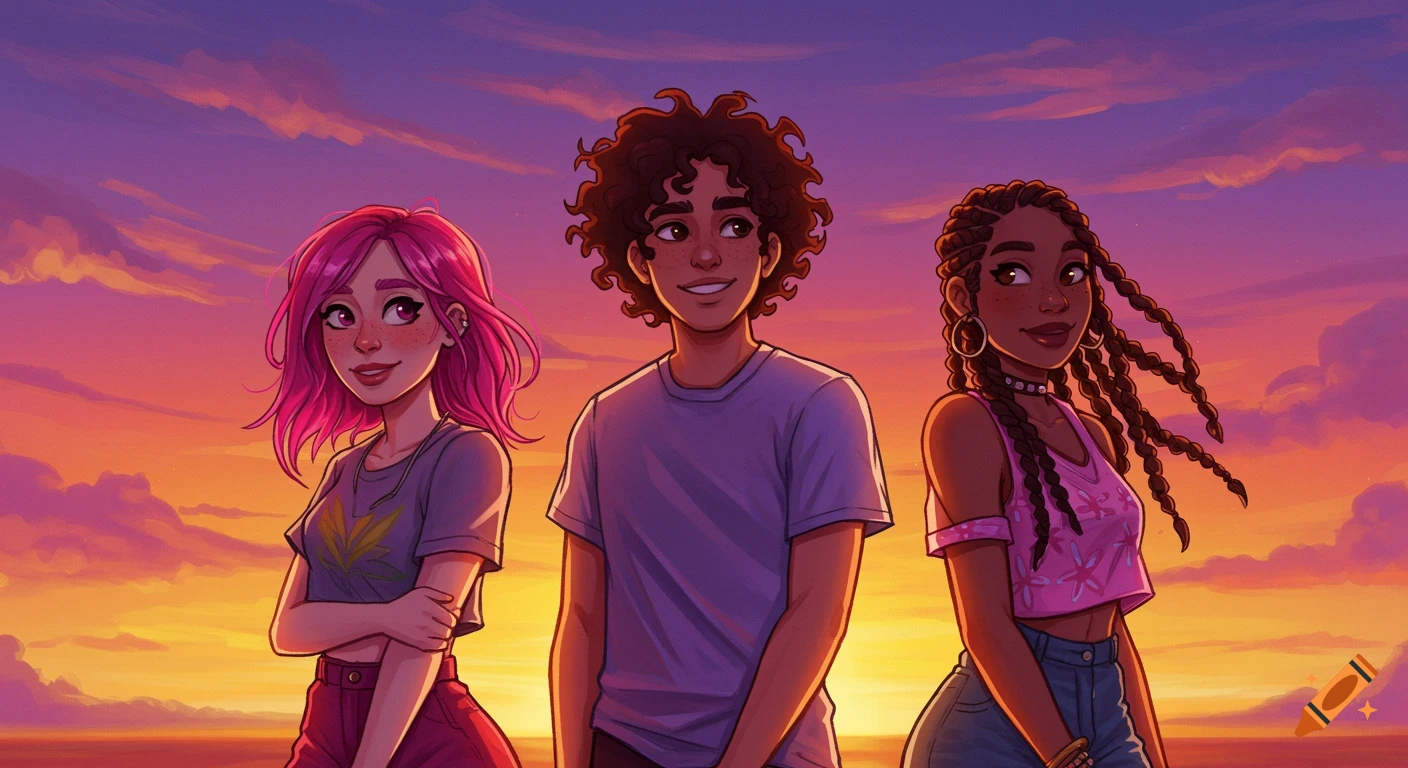 An illustration of three friends, two women and a man, standing together at sunset.