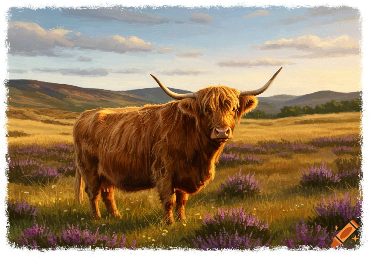 A Highland cow stands in a Scottish field with purple flowers at sunset.