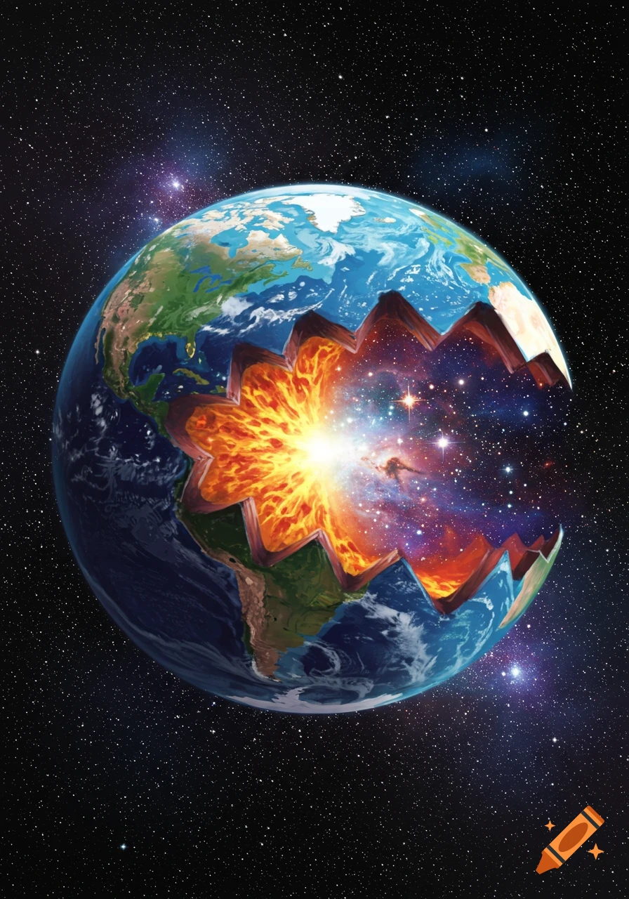 Earth with a large bite removed, revealing a cosmic scene of stars and nebulae inside.