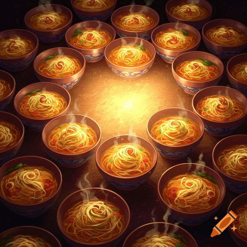 Many steaming bowls of noodles arranged in a circle with glowing center.