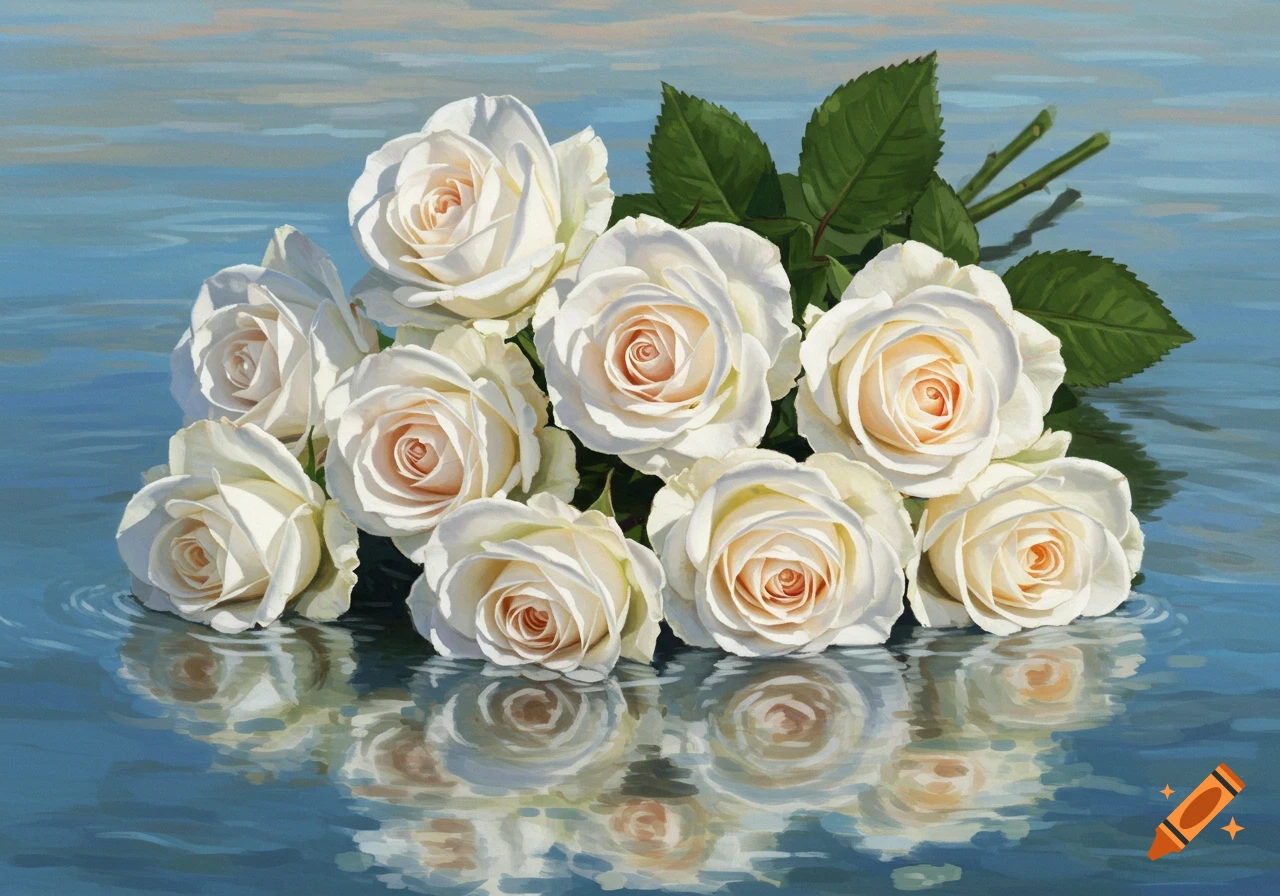 White roses floating on the surface of water.