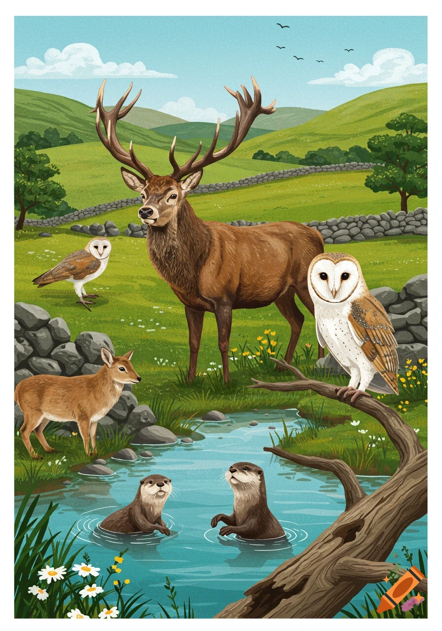 A red deer, smaller deer, two barn owls, and two otters are by a stream in a green UK landscape with hills and stone walls.