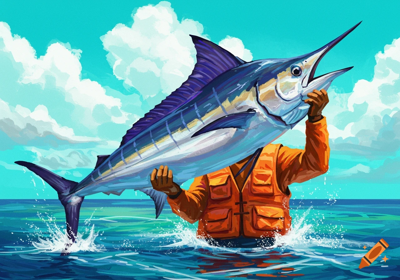 Person in life vest holding up a large marlin in the ocean.
