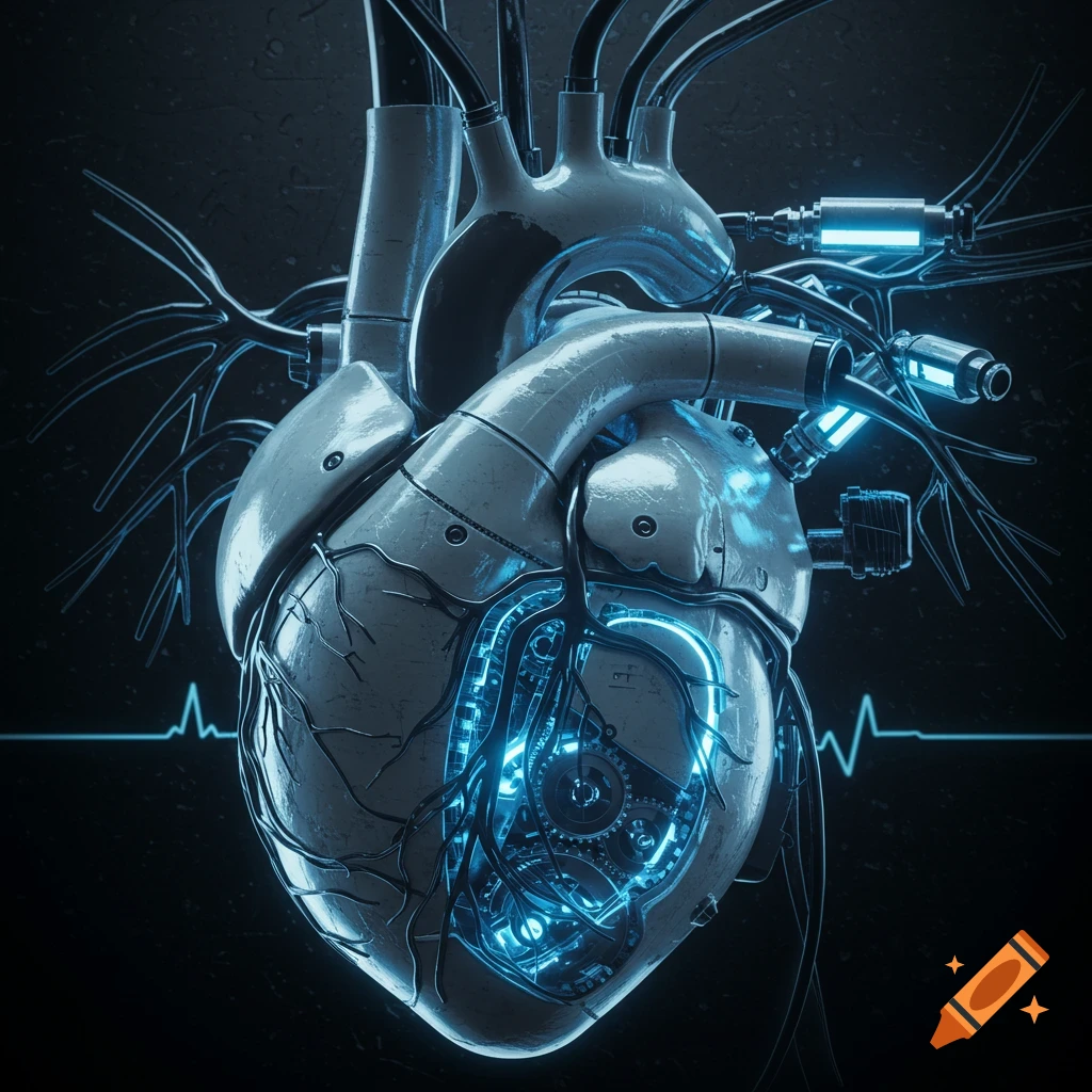 A detailed mechanical robot heart with glowing blue lights and circuitry, set against a dark background with an ECG line.