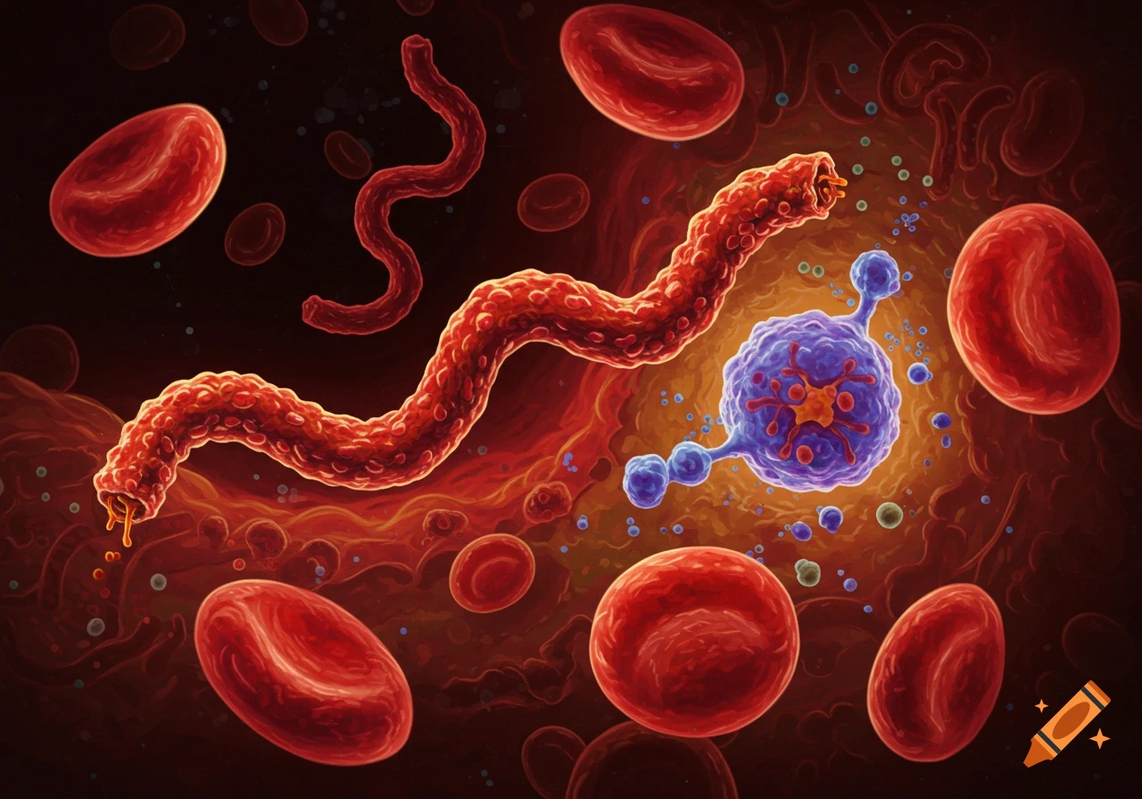 Red blood cells, a distorted cell, and a worm-like structure in a microscopic view.