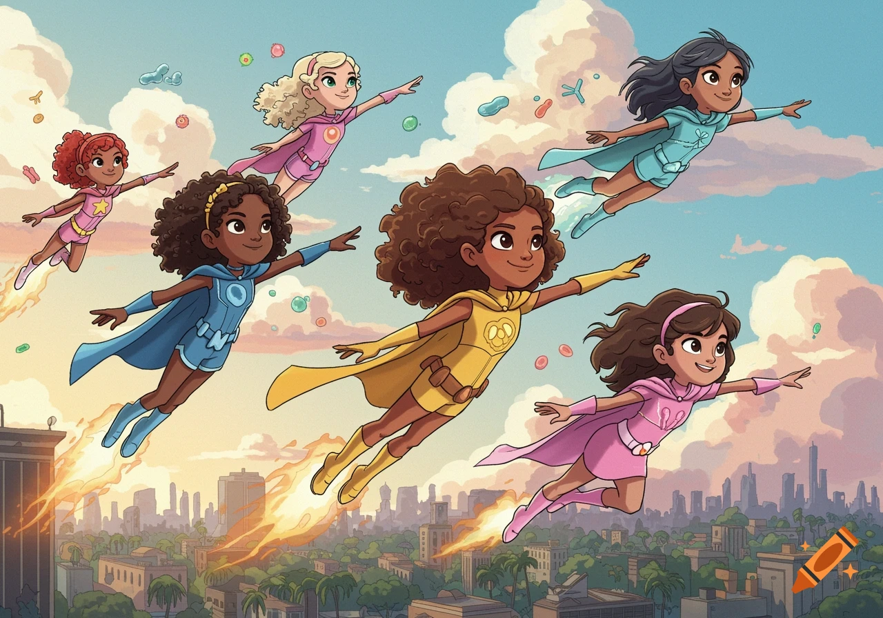 Diverse group of girl superheroes flying over a city.