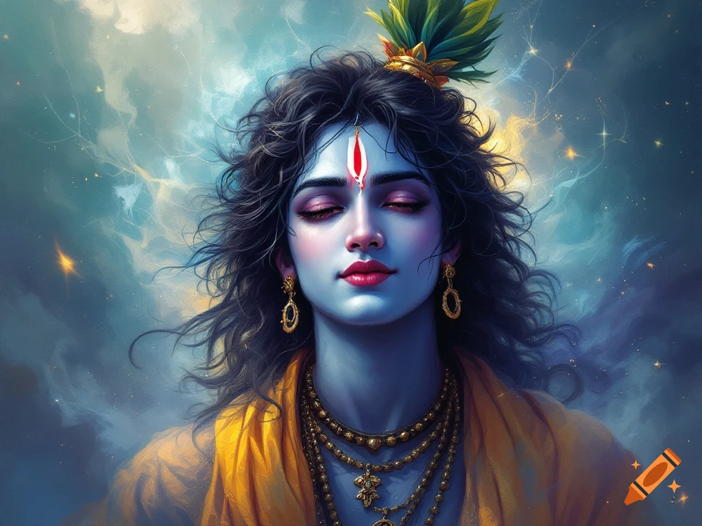 Portrait of Krishna against a celestial background.