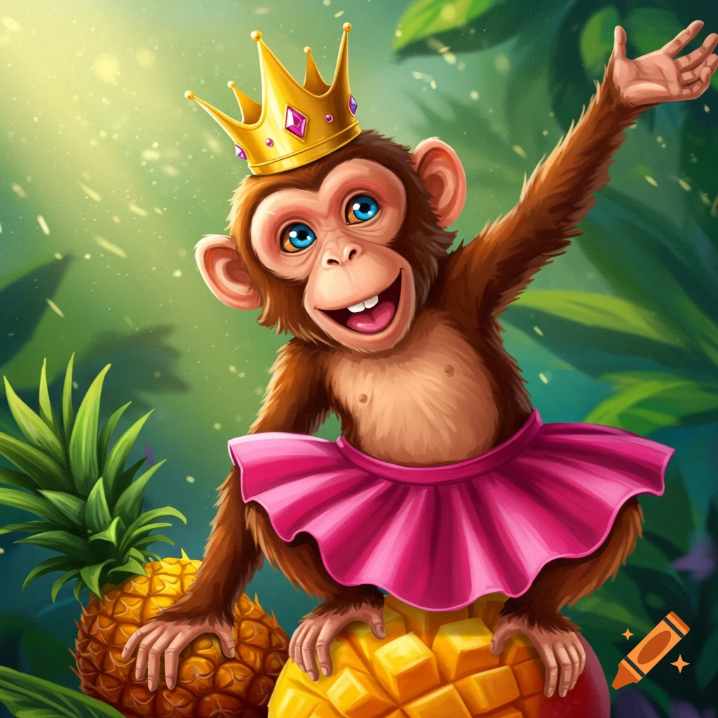 Cartoon monkey in a crown and pink skirt sitting on a pineapple and mango.