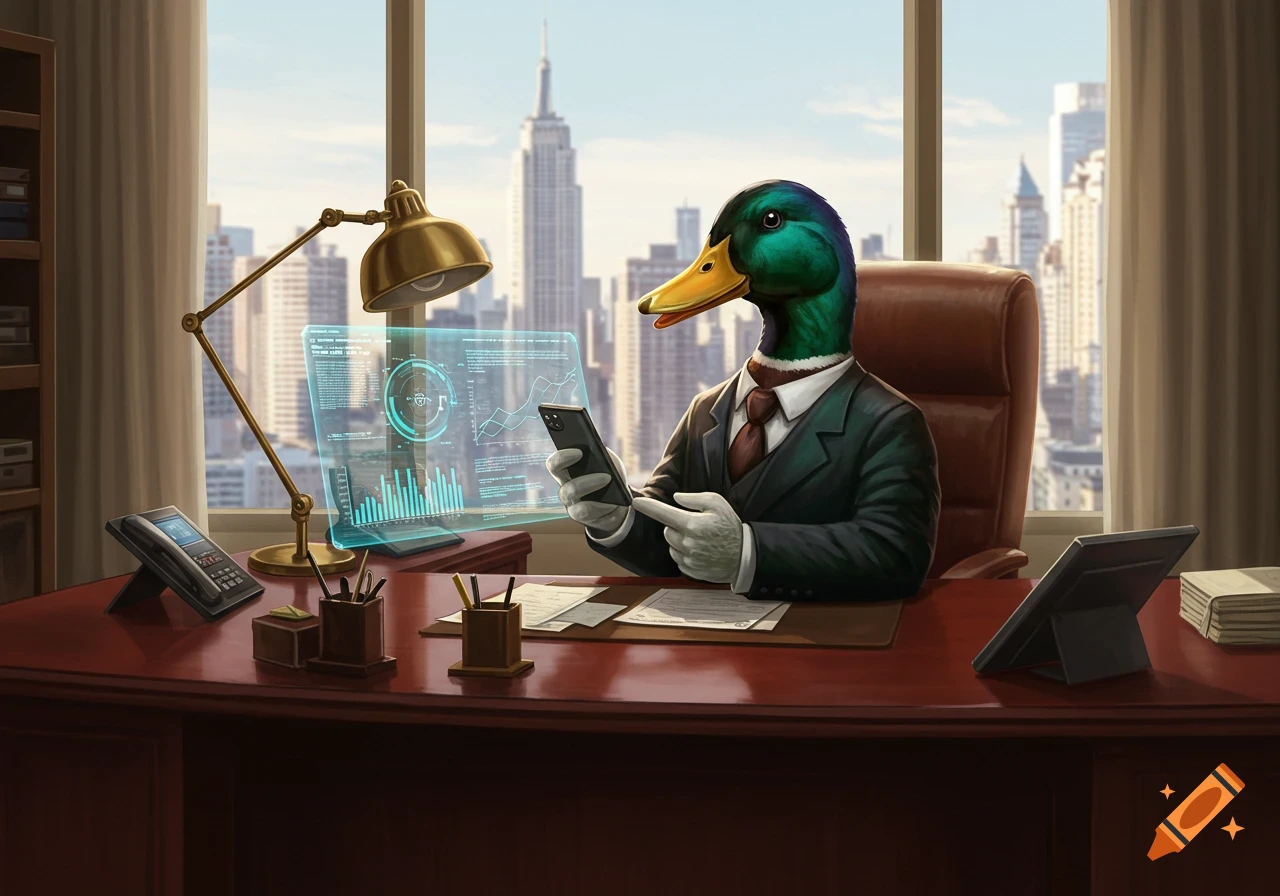 A duck in a suit sitting at an office desk, looking at a phone while a holographic display shows data.