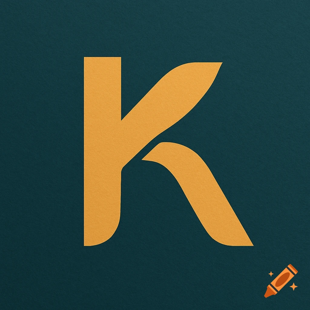 Stylized orange letter K on a textured dark teal background.