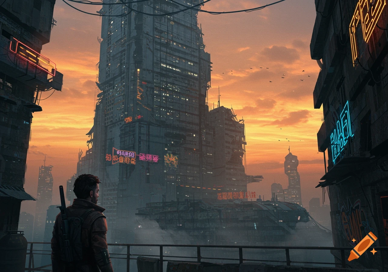 Person overlooks a dystopian futuristic cityscape at sunset with neon lights.