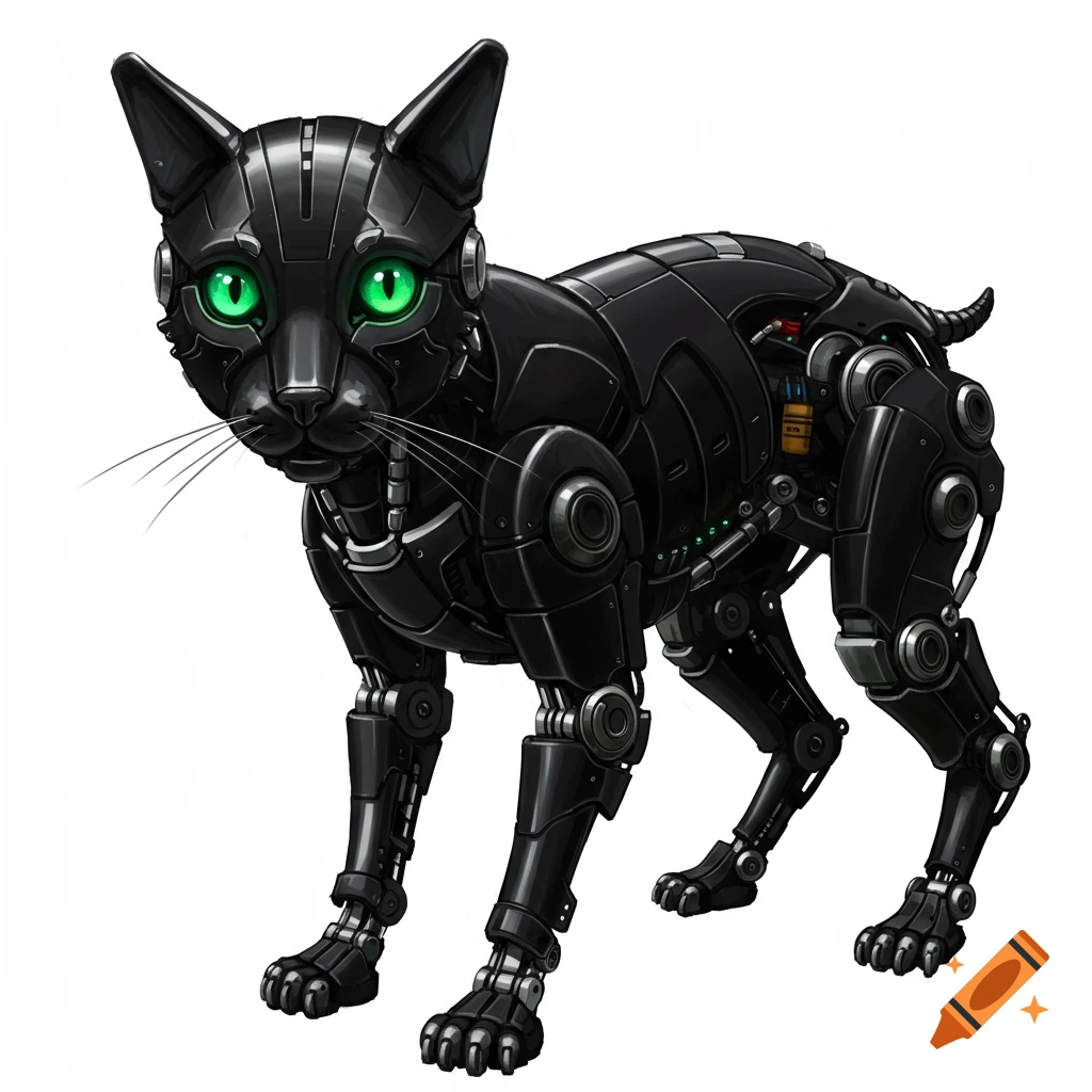 A black robotic cat with glowing green eyes stands.