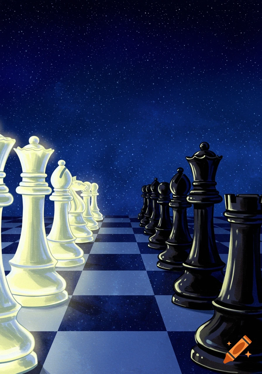 White and black chess pieces are arranged on a chessboard under a starry sky.