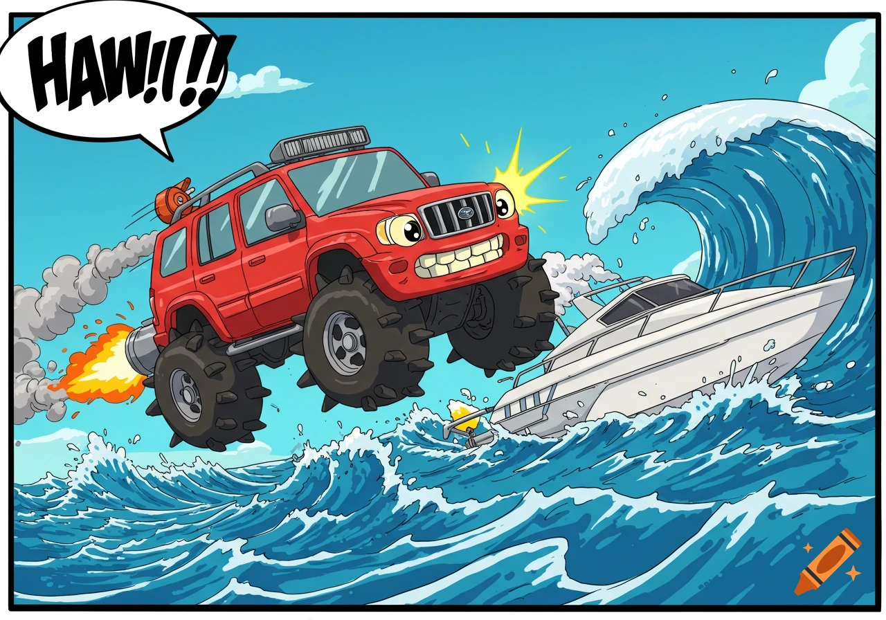 Cartoon red monster SUV jumps over a white speed boat in rough waves, with a speech bubble saying "HAW!!!"