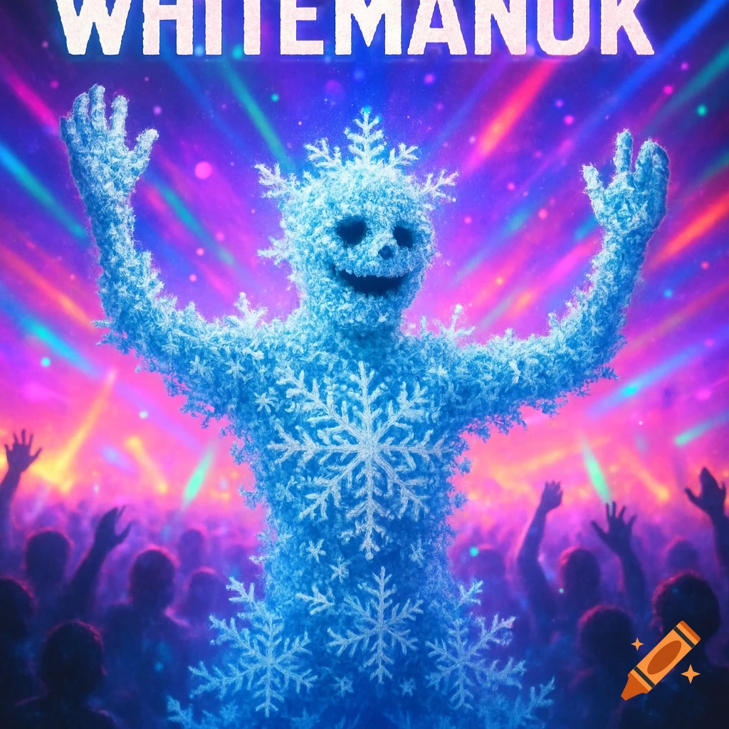 A creature made of snowflakes dances at a colorful rave with bright lights, text at the top says WHITEMANUK.