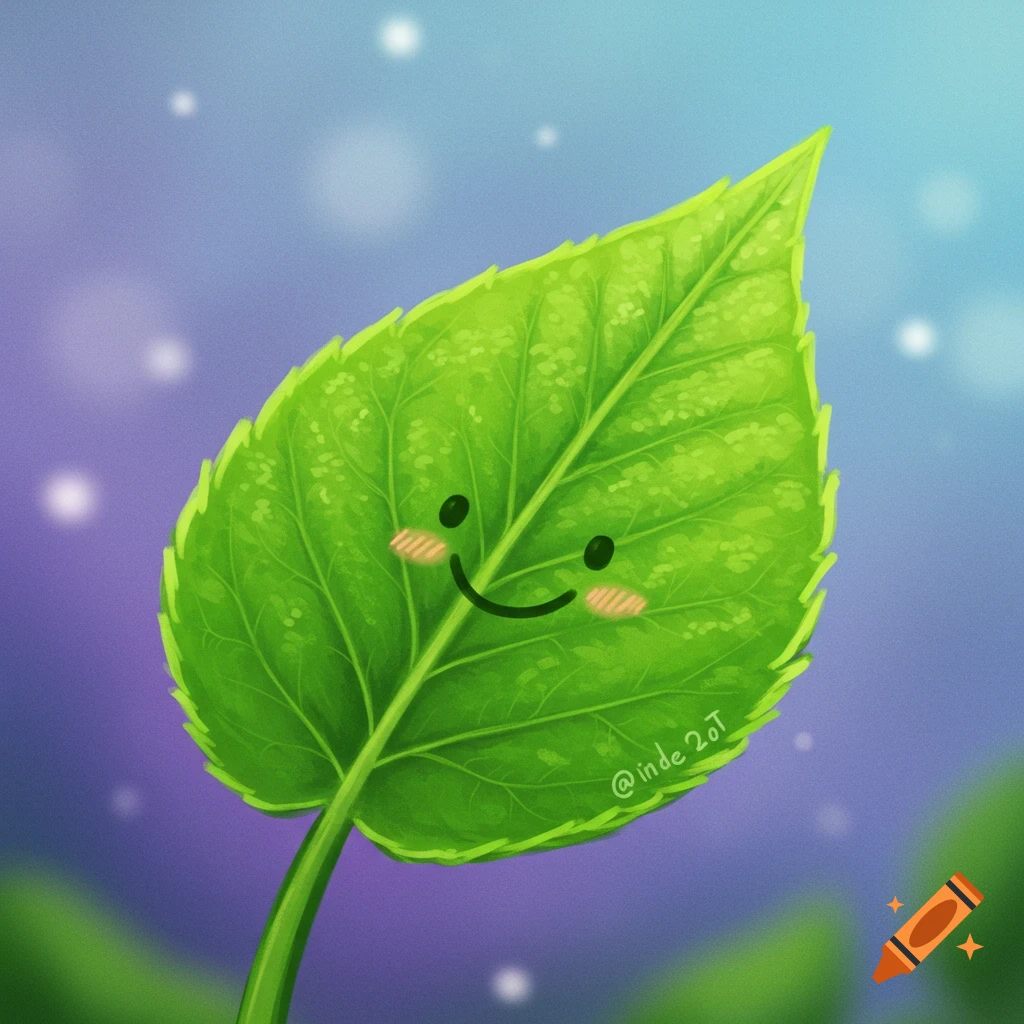 A cute green cartoon leaf with a smiling face against a blurry blue and purple background with sparkles.