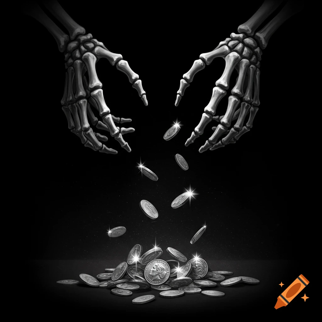 Black and white illustration of skeleton hands dropping coins onto a pile.