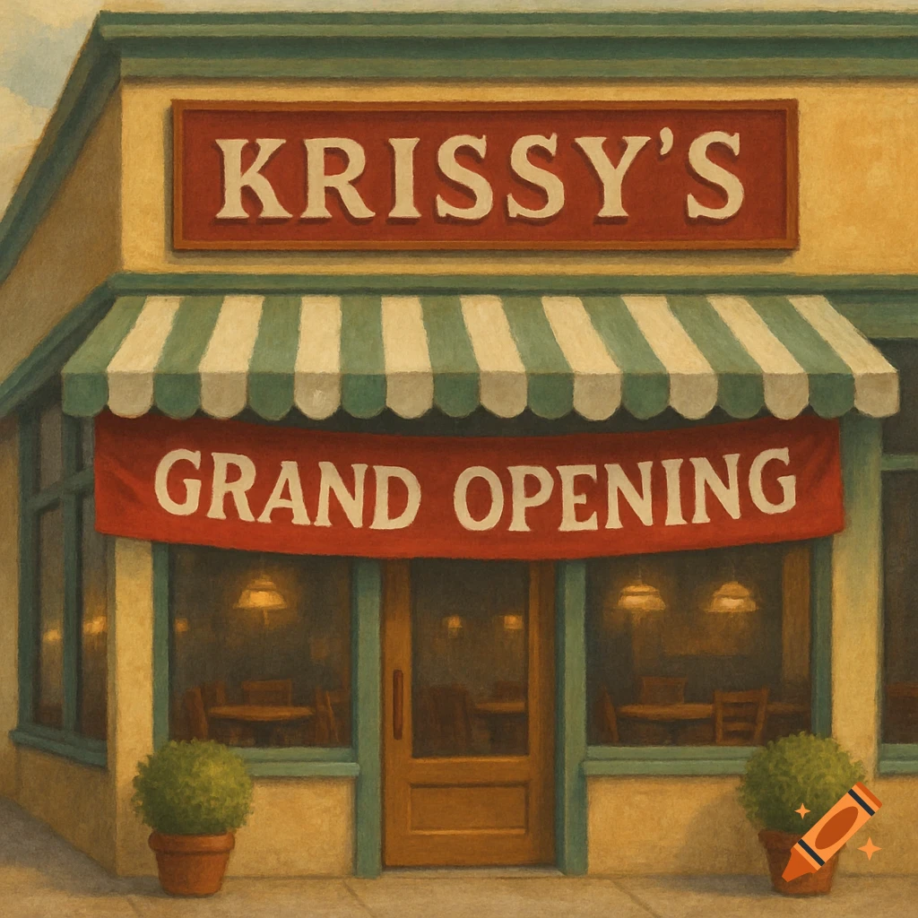 A yellow shopfront with green and white awning, a red banner reads 'GRAND OPENING' and a sign above says 'KRISSY'S'.