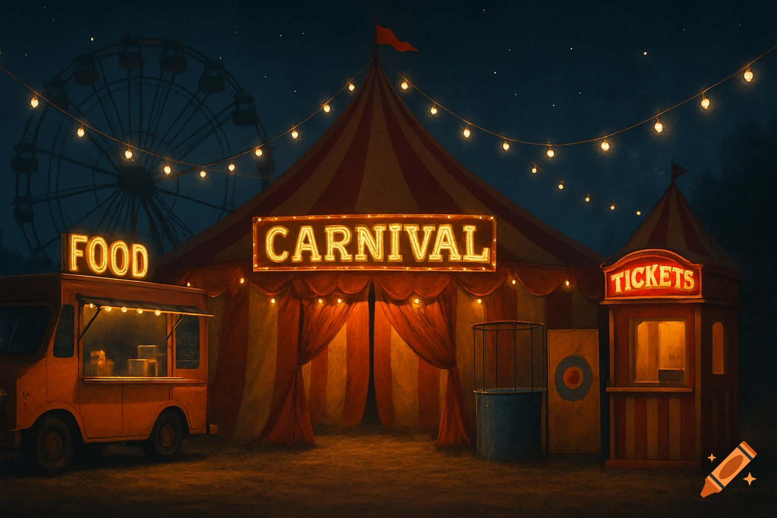A vibrant carnival scene unfolds at night, featuring a prominent tent, bustling food truck, ticket booth, and a towering Ferris wheel, all illuminated by the warm glow of string lights.