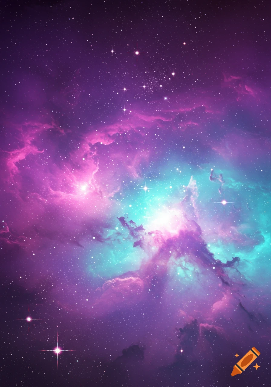 A vibrant pink, purple, and turquoise nebula in deep space, filled with stars.