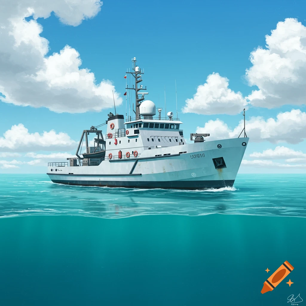 A white survey ship is on the ocean with clouds in a blue sky.