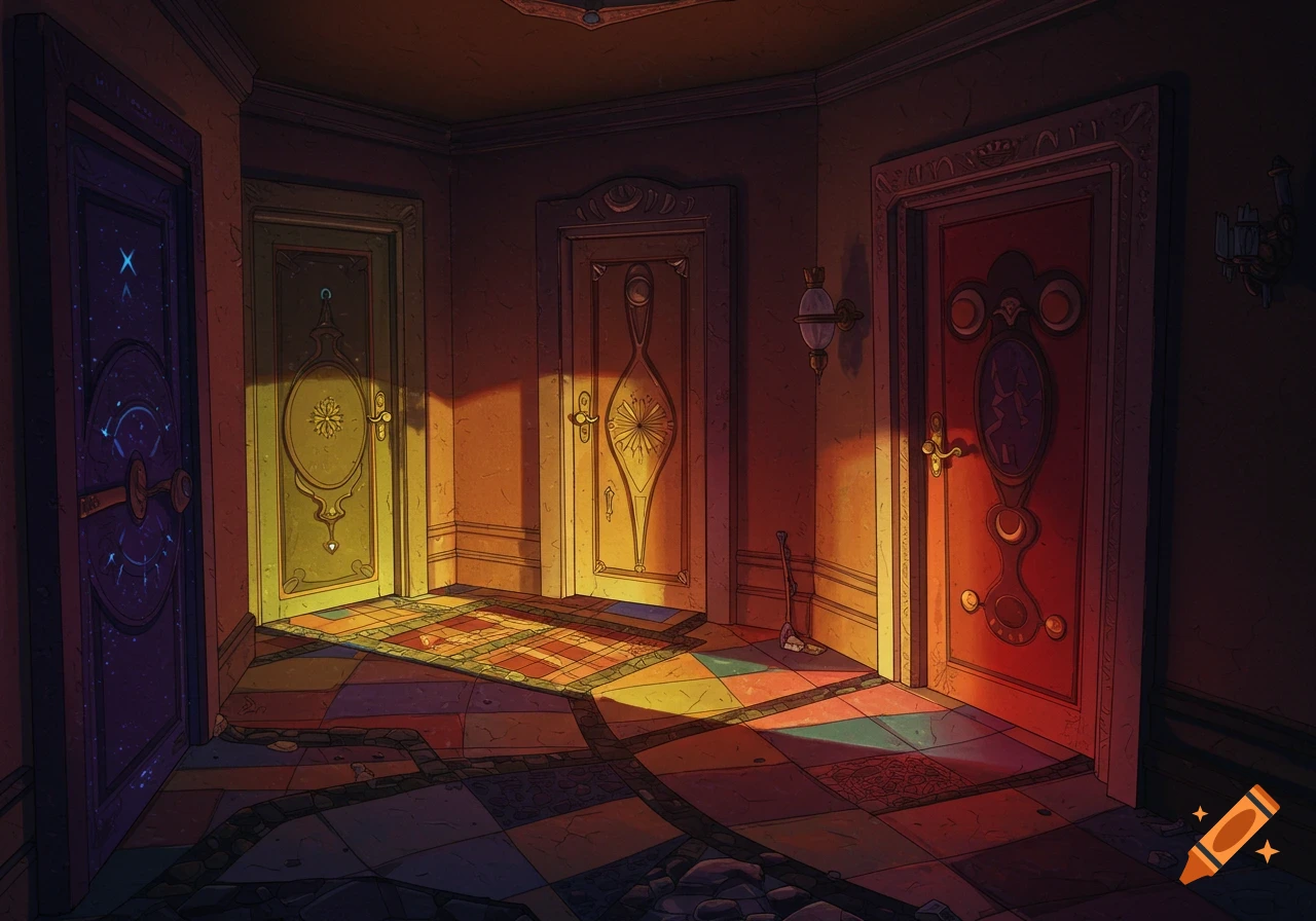 A hallway with several ornate and colorful doors, illuminated by light.