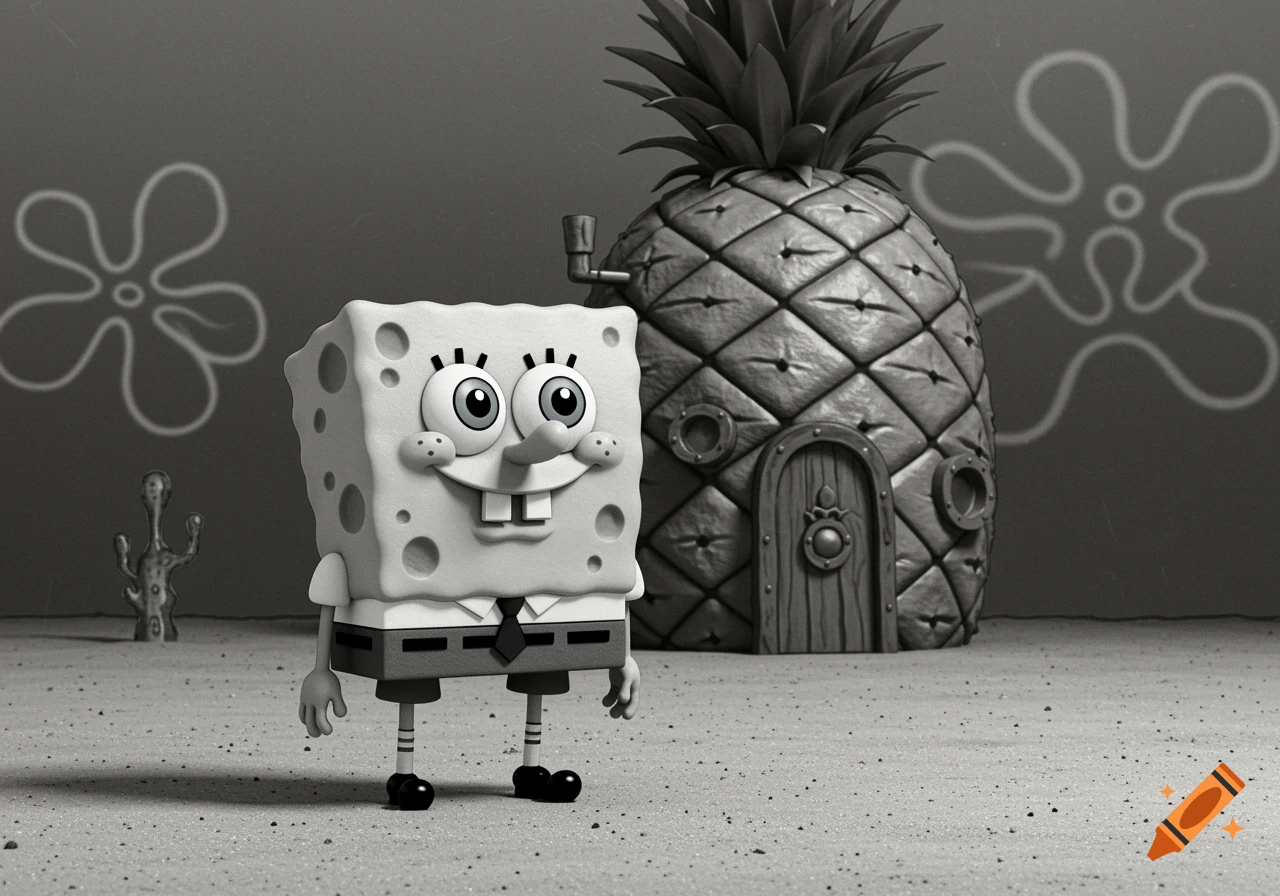 Black and white render of Spongebob Squarepants smiling in front of his pineapple house.