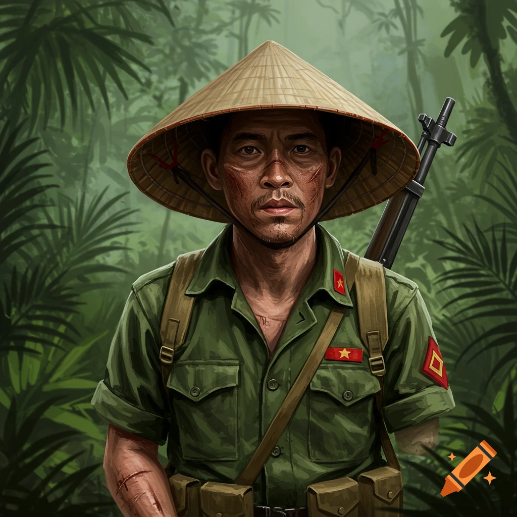 A soldier with a conical hat, scars, and missing arm in a jungle