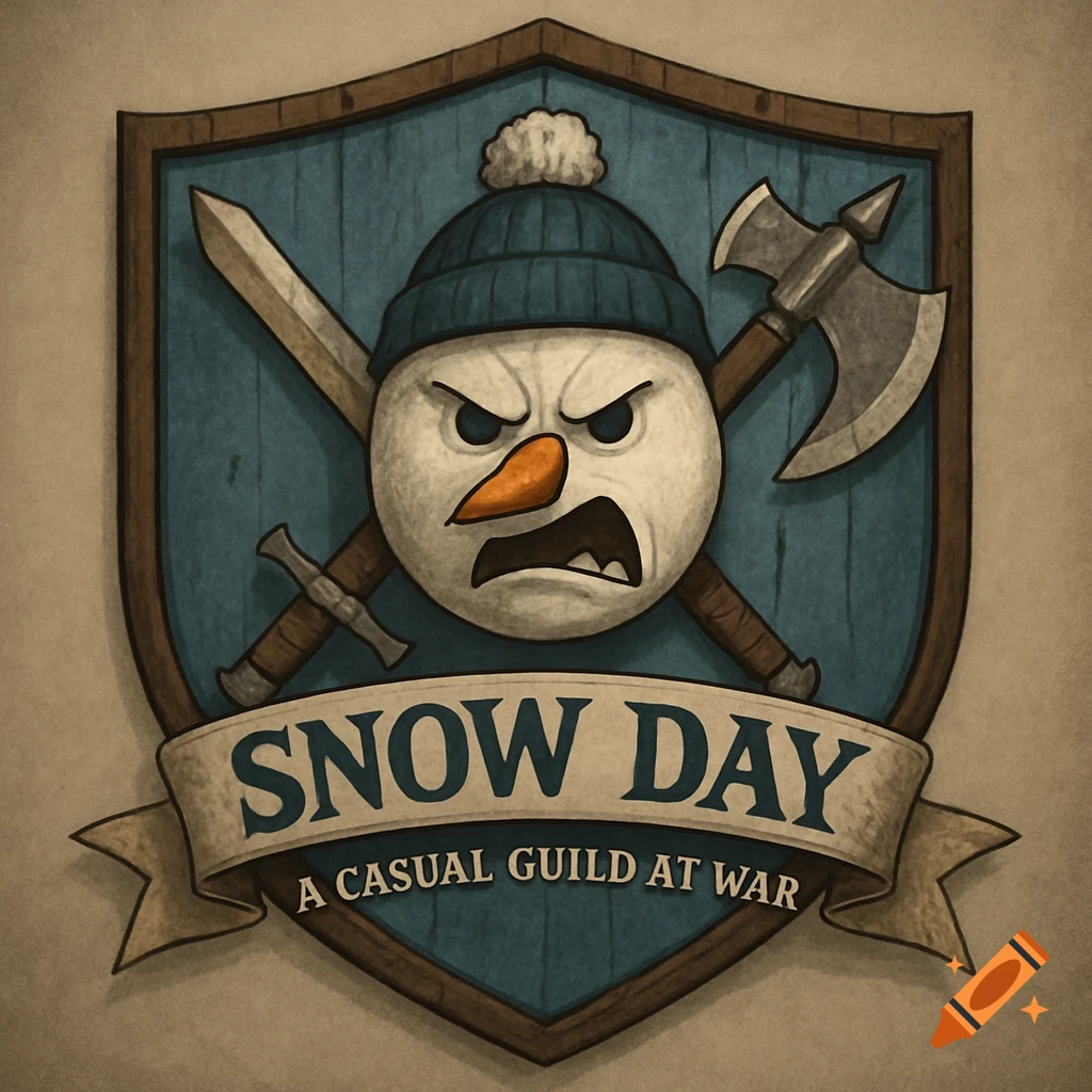 Illustration of a gaming guild emblem featuring an angry snowman with a sword and axe.