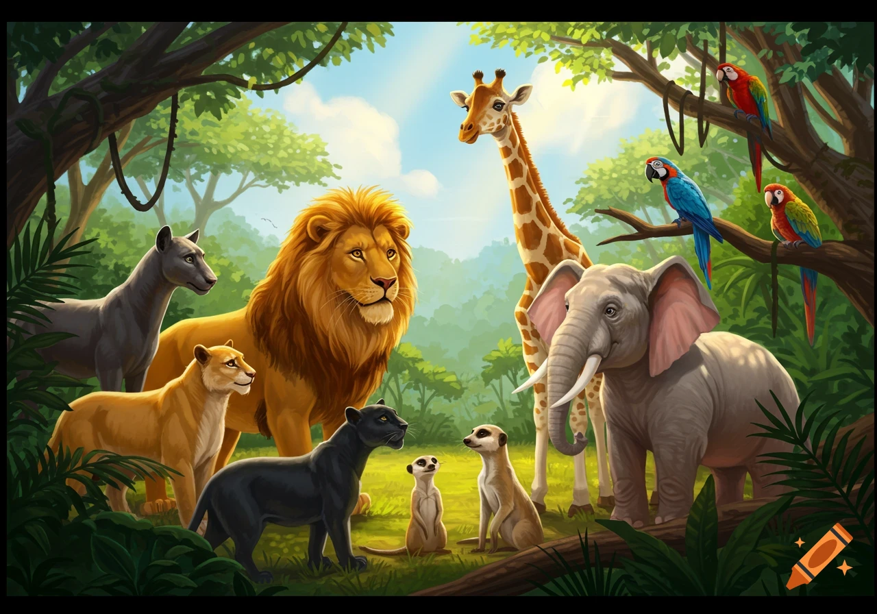 A vibrant image of a diverse group of animals including a lion, elephant, giraffe, panthers, meerkats, and macaws gathered in a lush jungle.