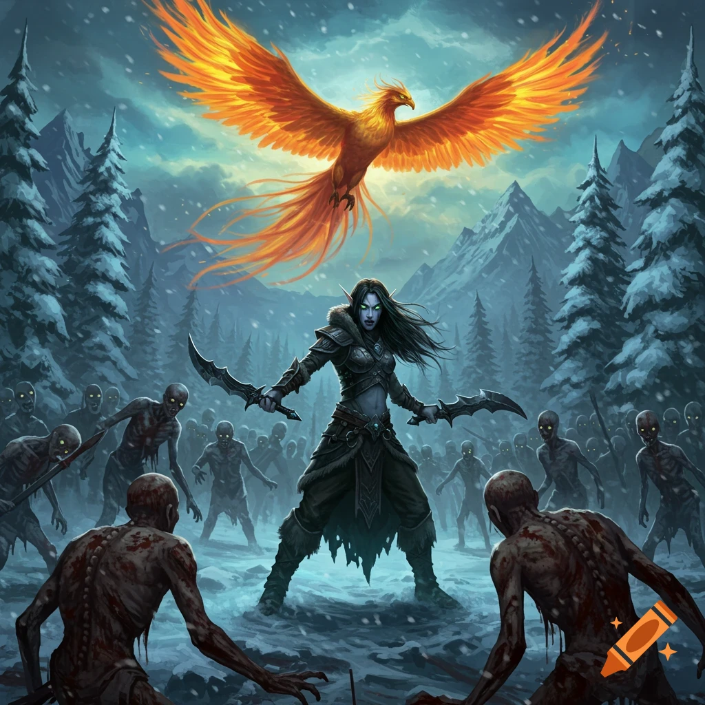 A dark elf fights zombies with a phoenix flying above in a snowy landscape.