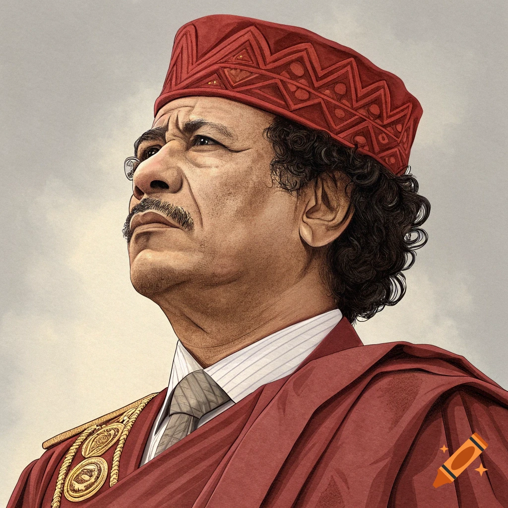 Illustration of Muammar Gaddafi wearing a red patterned hat and robes, looking upwards.