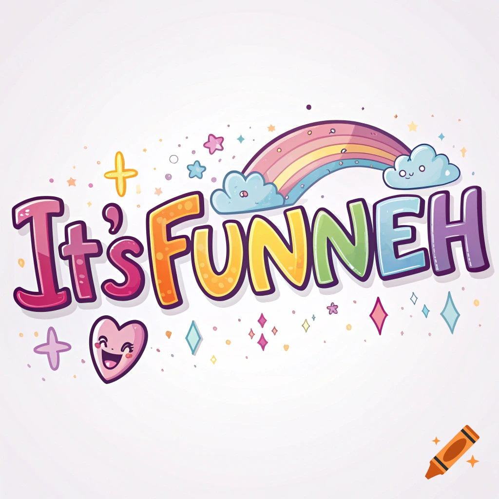 Colorful cartoon text 'It's FUNNEH' with a rainbow, clouds, stars, and heart.