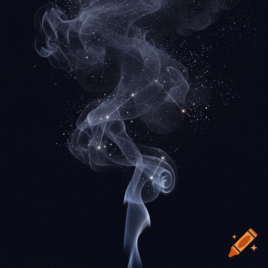 A swirl of smoke against a dark background, forming constellations within and around it.