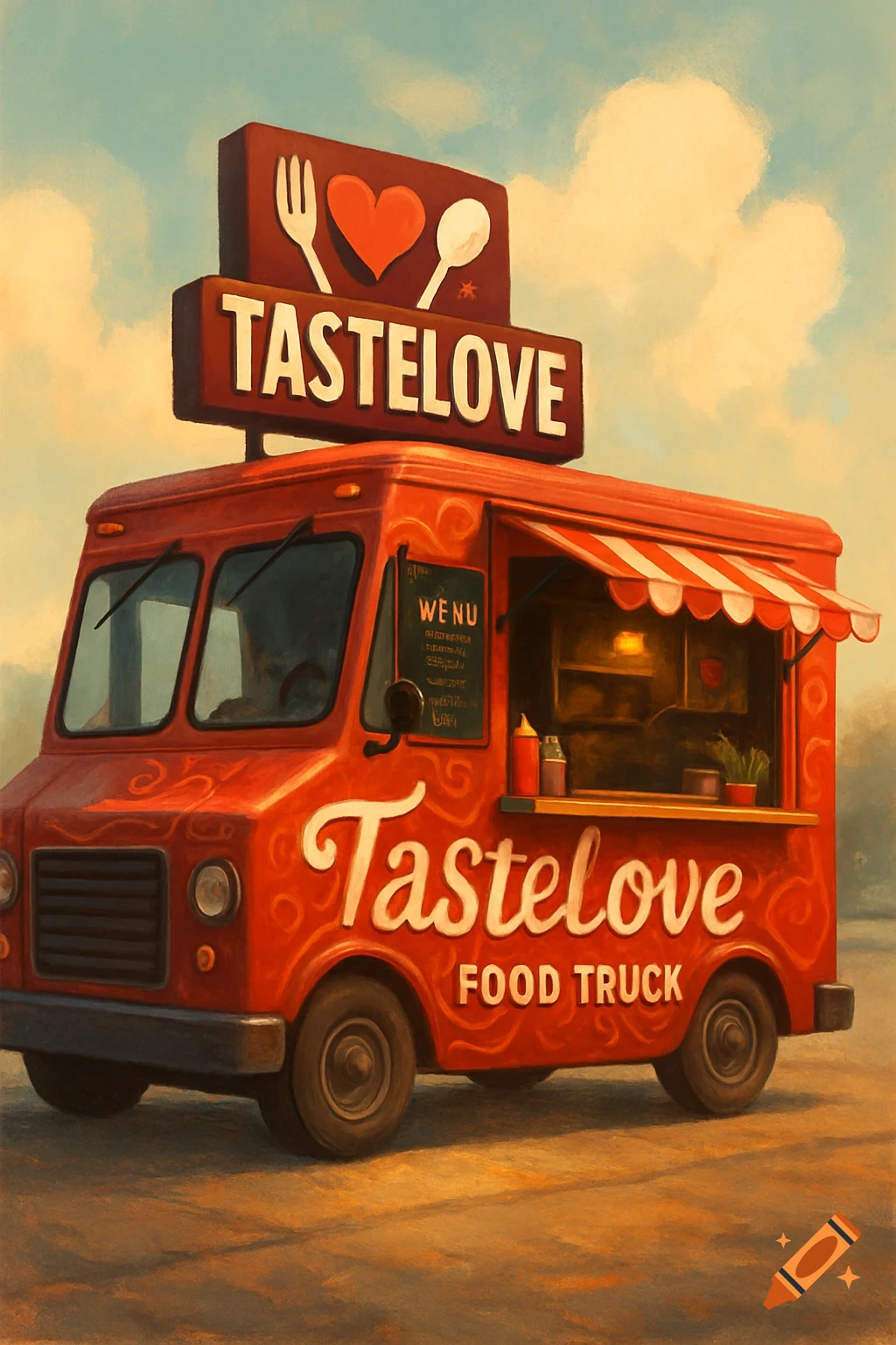 A red food truck with 'Tastelove' sign and text