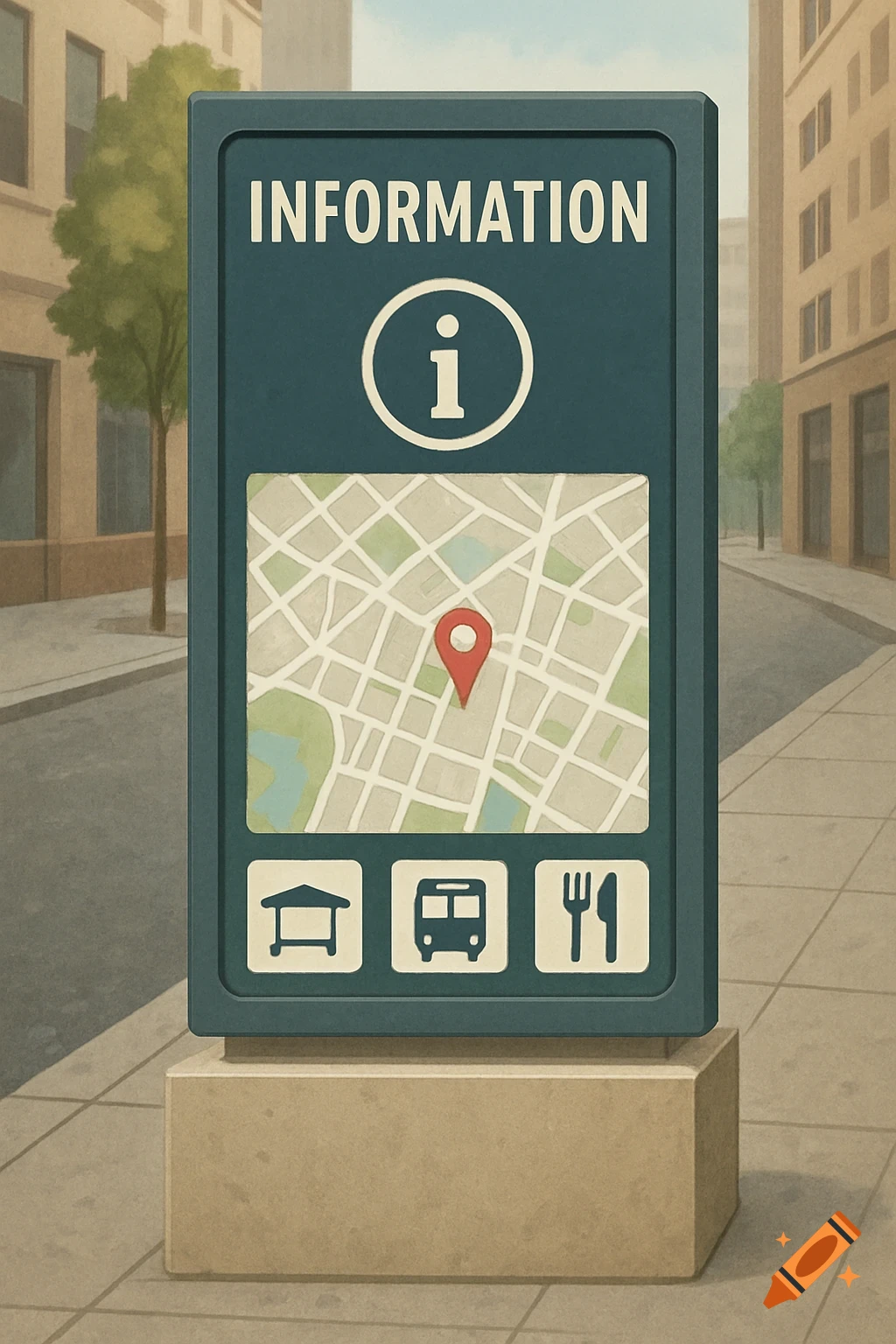 An information sign with a map is on a city sidewalk.