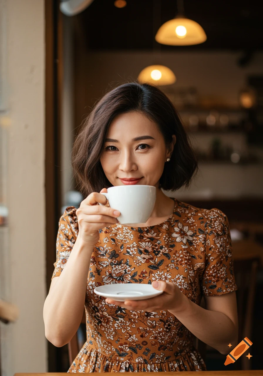 Portrait of an Asian woman drinking coffee in a cafe