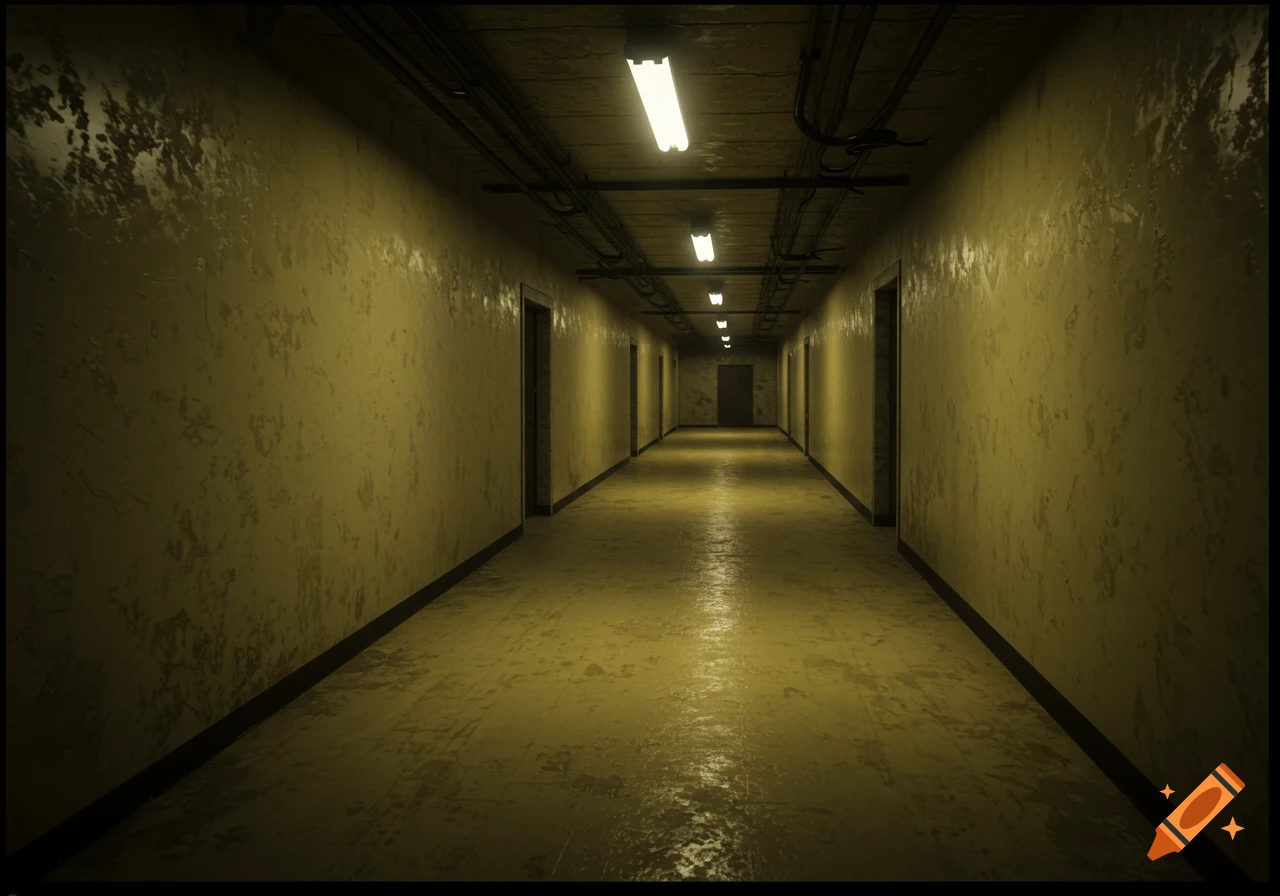 A long, empty hallway with yellow walls and fluorescent lights