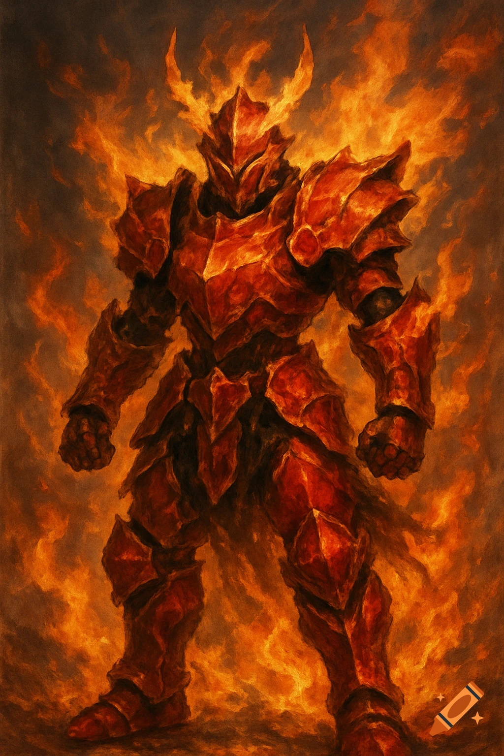 A figure in red burning armor stands engulfed in flames.