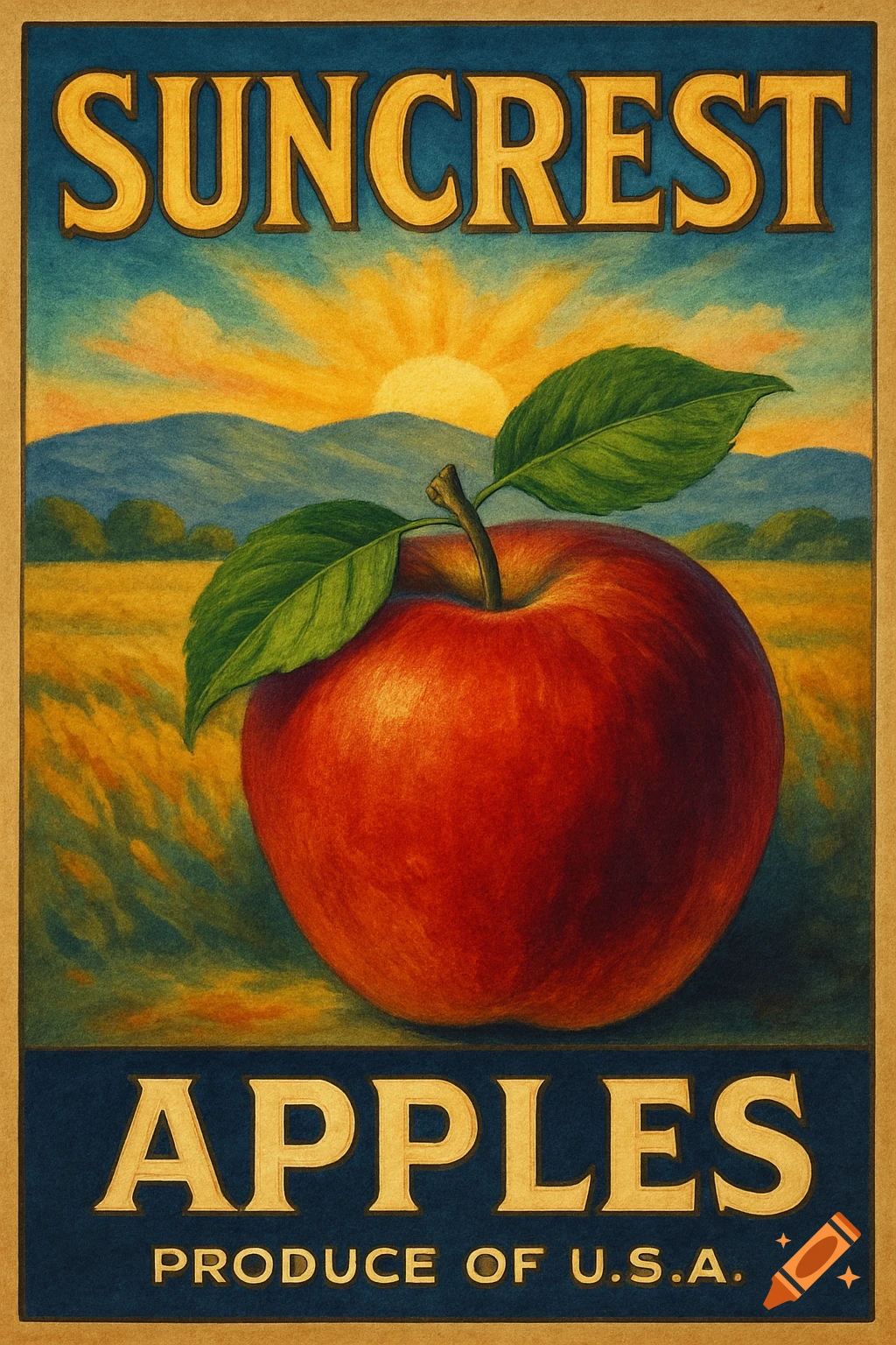 Vintage apple crate label with text SUNCREST APPLES PRODUCE OF U.S.A.